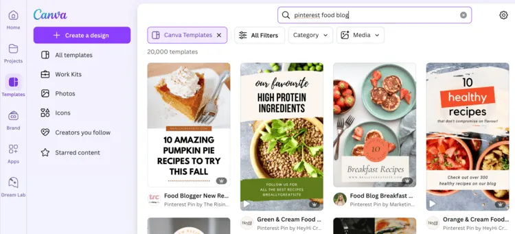 Canva template library displaying Pinterest designs for food blogs, including recipes and ingredient-focused pins.
