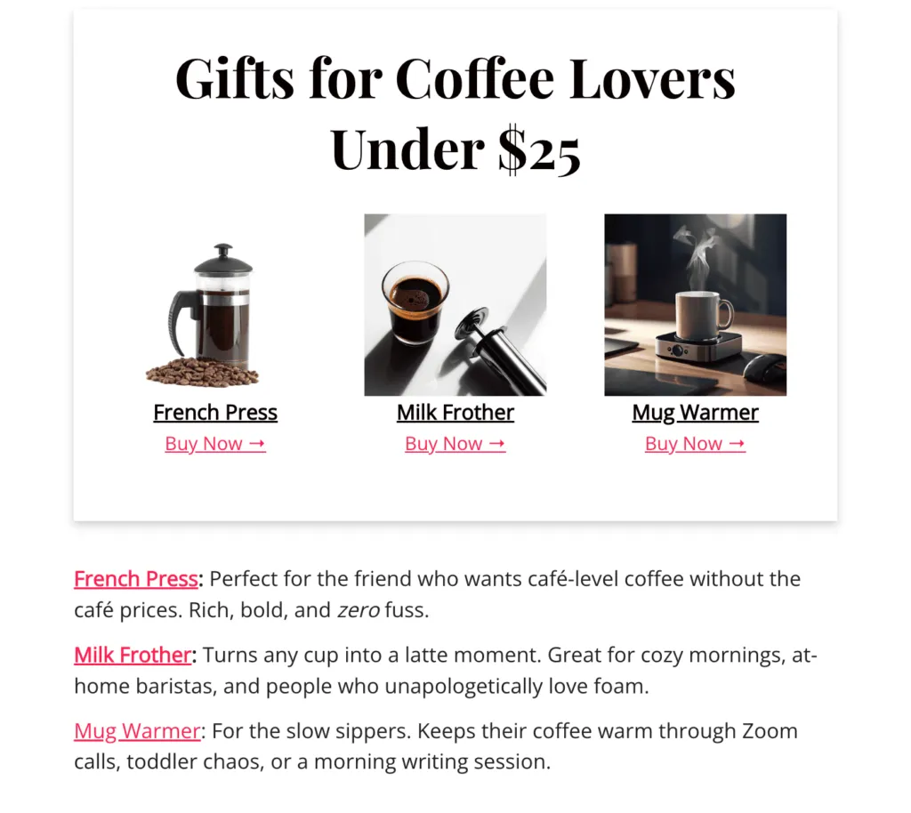 Coffee lover gift guide with French press, milk frother, and mug warmer under $25. Plus descriptions of each product below.