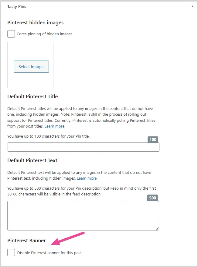 Under the Default Pinterest Text, you'll see the