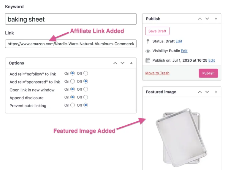 A screen shot of creating an Amazon affiliate link as a Tasty Link. Paste your link and it pulls the product image if you've added your API.