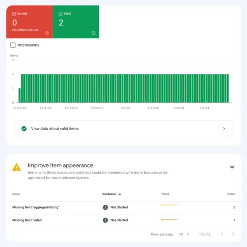 An image showing errors and warning in Google Search Console