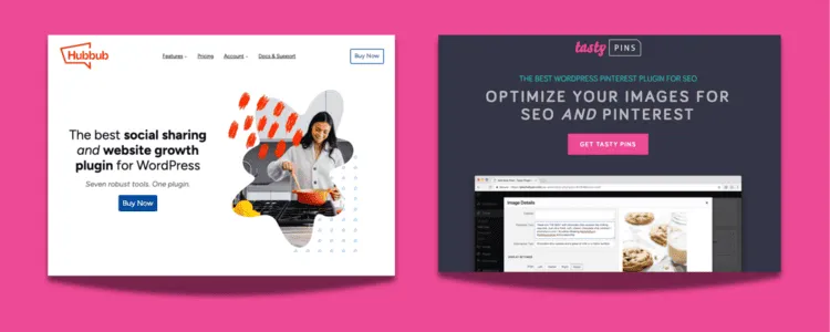 A screenshot showing the homepage of both plugin landing pages, Hubbub plugin on the left and the Tasty Pins on the right.