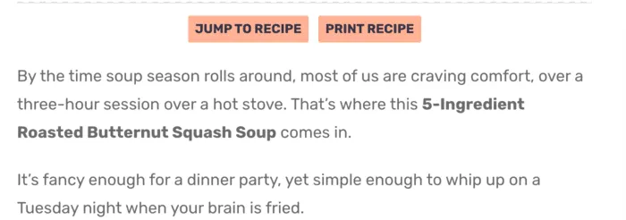 Styled Jump to Recipe and Print Recipe buttons at the top of a WordPress blog post.
