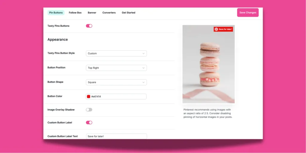Tasty Pins "Pin Buttons" settings page
