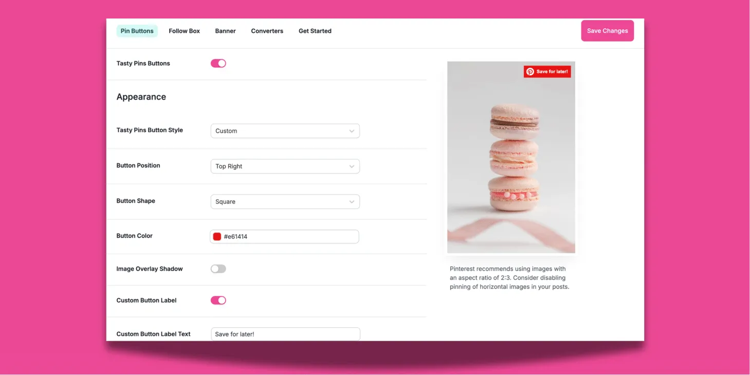A screenshot of Tasty Pins "Pin Buttons" settings page where you do everything from turn on the button to choose its color, shape, overlay shadow, and more.