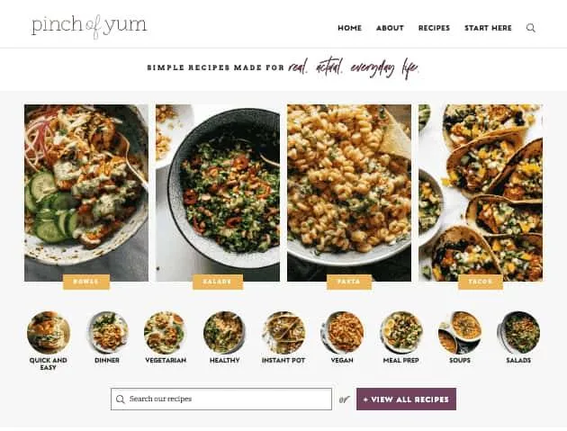 Pinch of Yum's home page to show an example of a food blog created with the WordPress website builder