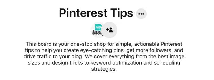 An image showing a screen shot of a Pinterest board description. The screen shot is an example of how to optimize your Pinterest boards.