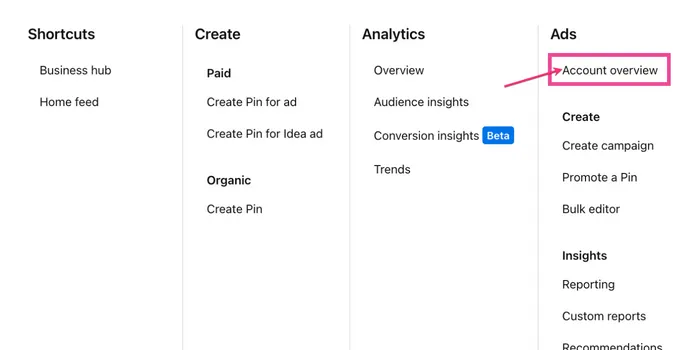 An image showing how to get to your Pinterest Ads account overview