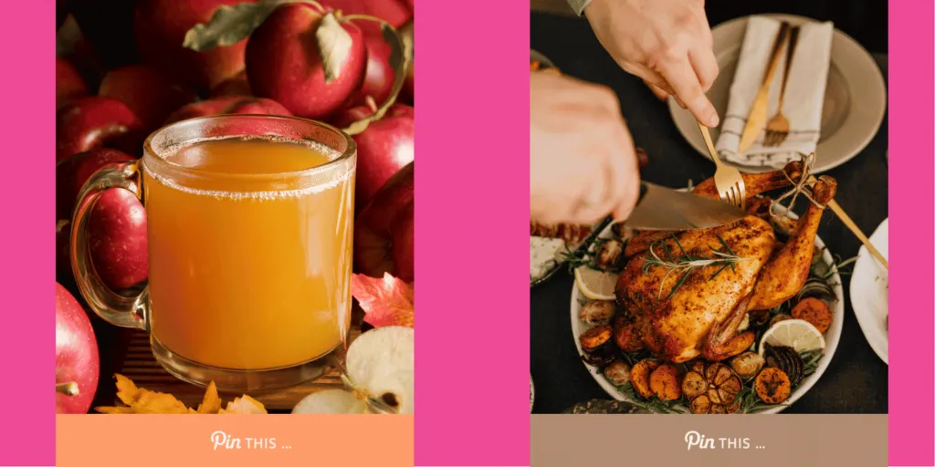 Tasty Pins Banner examples: “Pin this…” on hero photos of apple cider and roast turkey fall recipes.