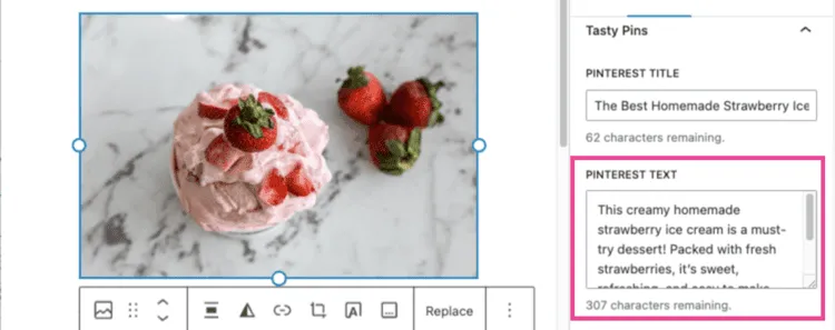 WordPress editor showcasing a strawberry ice cream photo with Tasty Pins fields for Pinterest title and description.