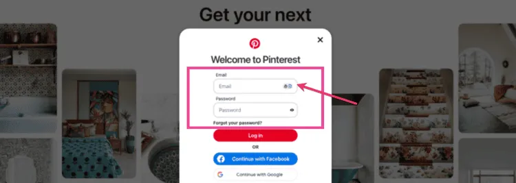 A screenshot of the Pinterest login page. There's a pink arrow pointing to where you enter your email and password.