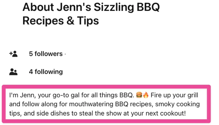An example of where to add keywords in Pinterest. This example shows that you can add keywords to your Pinterest profile description.