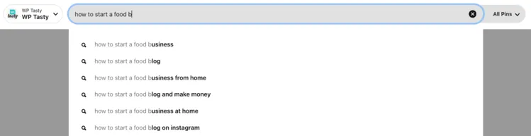 An image showing how to find pinterest keywords in the search bar on pinterest