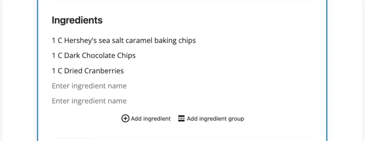 An image showing how to add ingredients to your recipes with Recipe Card Blocks by WPZOOM.
