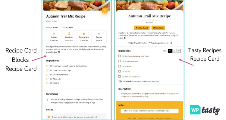 An image showing two recipe cards next to each other for visual comparison: Recipe Card Blocks by WPZOOM and Tasty Recipes by WP Tasty