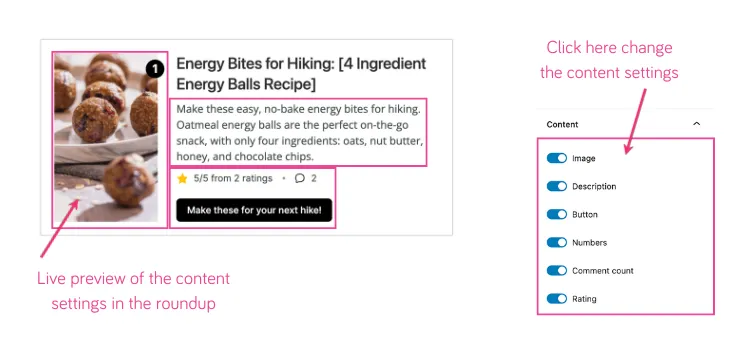 An image showing you the different options for showing what content details show in your recipe roundup post.