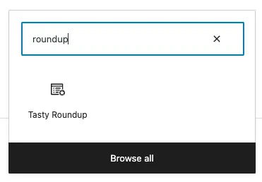 An image showing how to add the Tasty Roundups block in WordPress