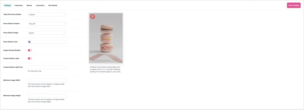 Pinterest button settings