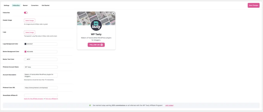 Tasty Pins Follow Box Settings