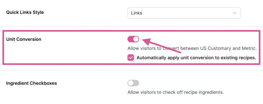 Tasty Recipe Settings - Enable Unit Conversion
