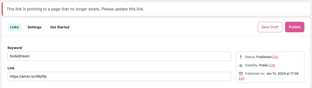 Individual Broken Link Warning
