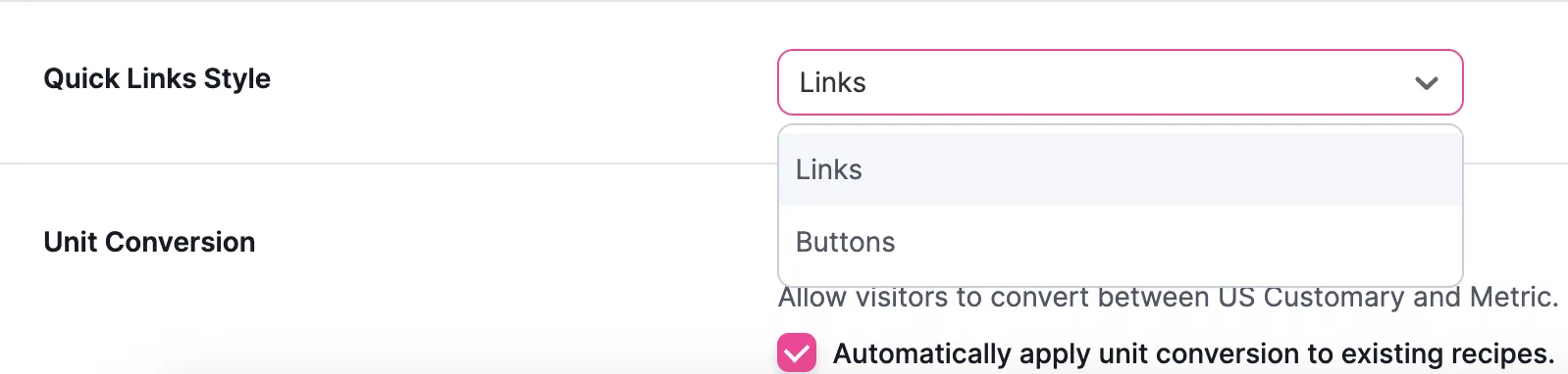 Tasty Recipes Settings - Quick Links Style