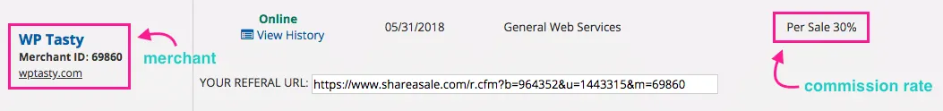 Screenshot depicting WP Tasty's affiliate program on ShareASale