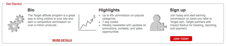 Screenshot of landing page for Target's affiliate program