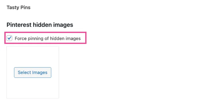 An image showing how to force pin images with Tasty Pins. You click the box that says, "Force pinning of hidden images"