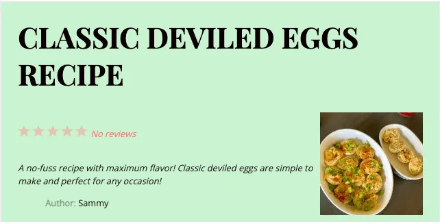 An example of a Tasty Recipes recipe card with a Deviled Eggs recipe on it