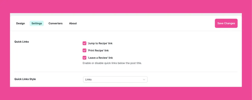 An image showing how to add the jump to recipe button to your posts in the Tasty Recipes settings.