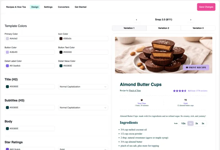 The Tasty Recipes Template Design Editor, where you can choose your recipe card template and edit the primary color, button colors, fonts, and more.