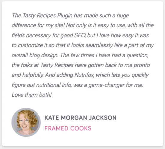 An image of a Tasty Recipes testamonial