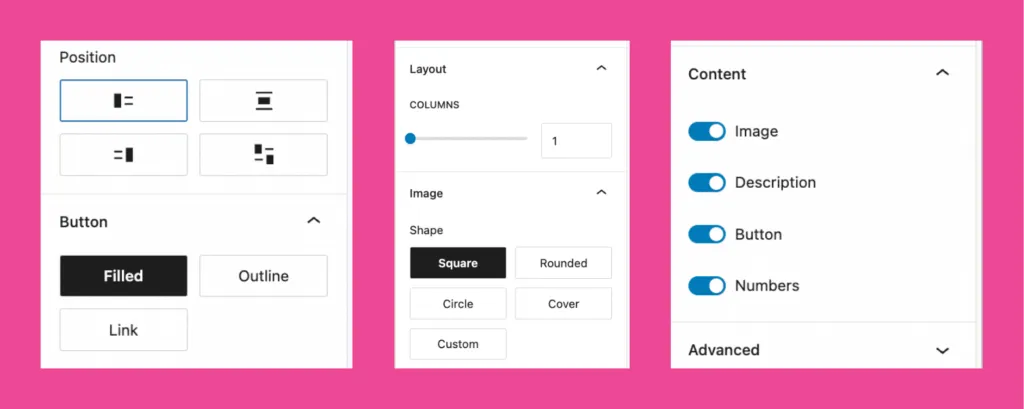 Screenshot showing Tasty Roundups styling options in WordPress, including layout position, button style, image shape, column count, and content toggles for image, description, button, and numbers