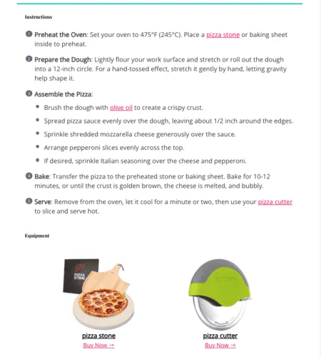 A screenshot showing Tasty Links affiliate links and featured product equipment sections in a Tasty Recipes recipe card