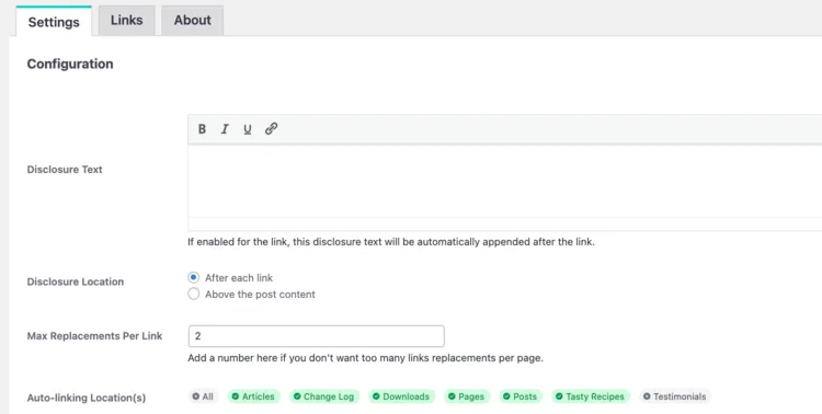 Tasty Links affiliate disclosure settings