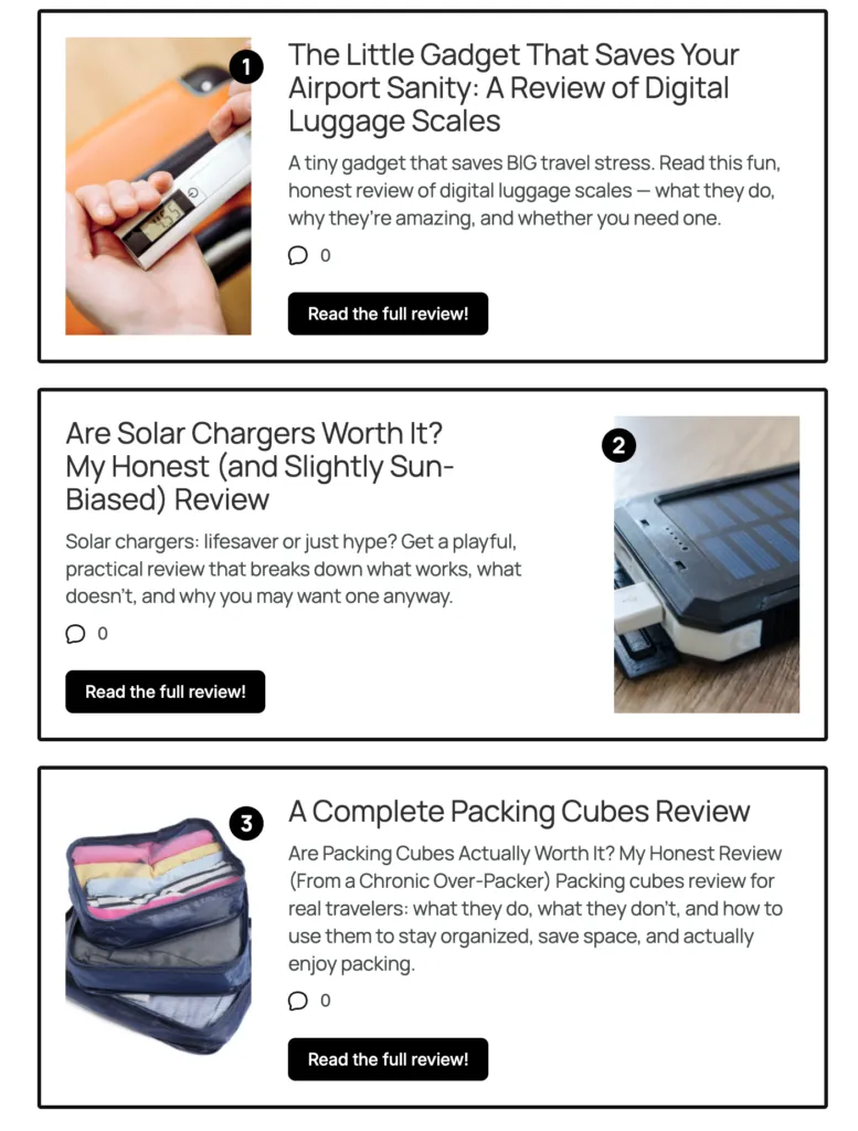 Tasty Roundups block showing reviews of a luggage scale, solar charger, and packing cubes.