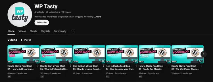 A photo of WP Tasty's YouTube channel