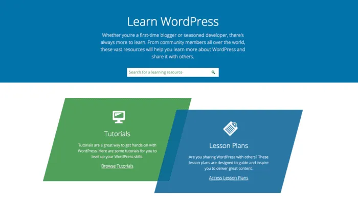 A screen shot of learning and troubleshooting option on WordPress.org.