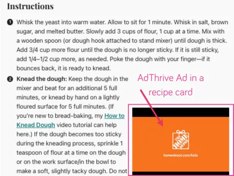 Screenshot of a recipe card displaying step-by-step dough kneading instructions with an AdThrive advertisement integrated in the content.