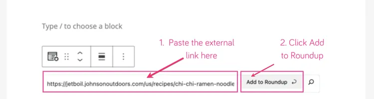 An image showing how to add an external link to a recipe roundup.