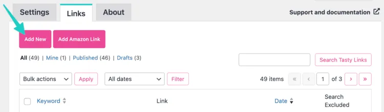 A screenshot showing where to click Add New in the Tasty Links Links section. This adds a new affiliate link in your Tasty Links manager.
