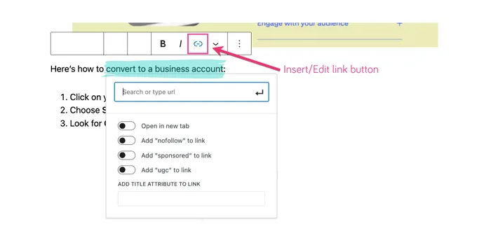 WordPress block editor link settings where bloggers can add nofollow, sponsored, or ugc link attributes