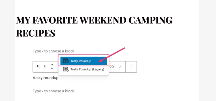 An image showing how to add a Tasty Roundup block to your WordPress post. Click + in the WordPress editor and click Tasty Roundup.