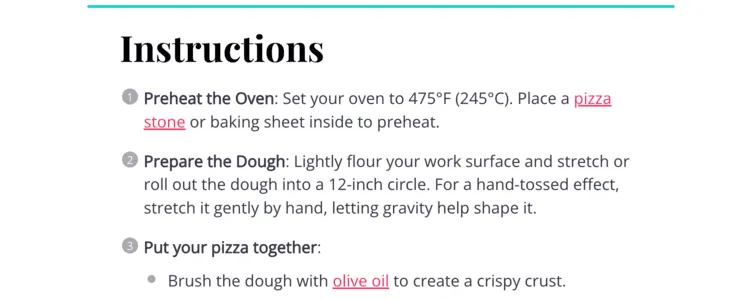 Recipe instructions section showing steps to preheat the oven with a pizza stone, prepare dough, and brush it with olive oil, with affiliate links included for the pizza stone and olive oil.