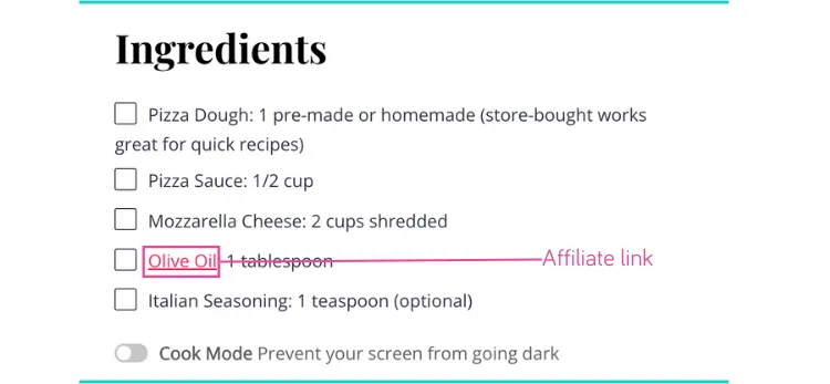 A screenshot showing an affiliate link for "olive oil" in an ingredient list in a Tasty Recipes recipe card