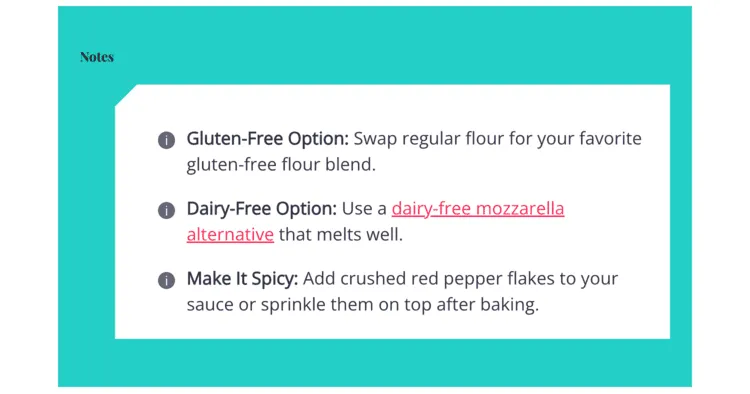 Recipe notes section in Tasty Recipes recipe card. It also shows an affiliate link for vegan cheese.