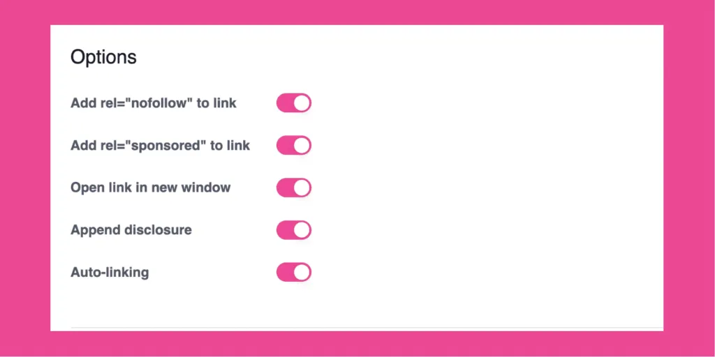 Tasty Links settings panel showing toggles for link options like rel="nofollow" and rel="sponsored"