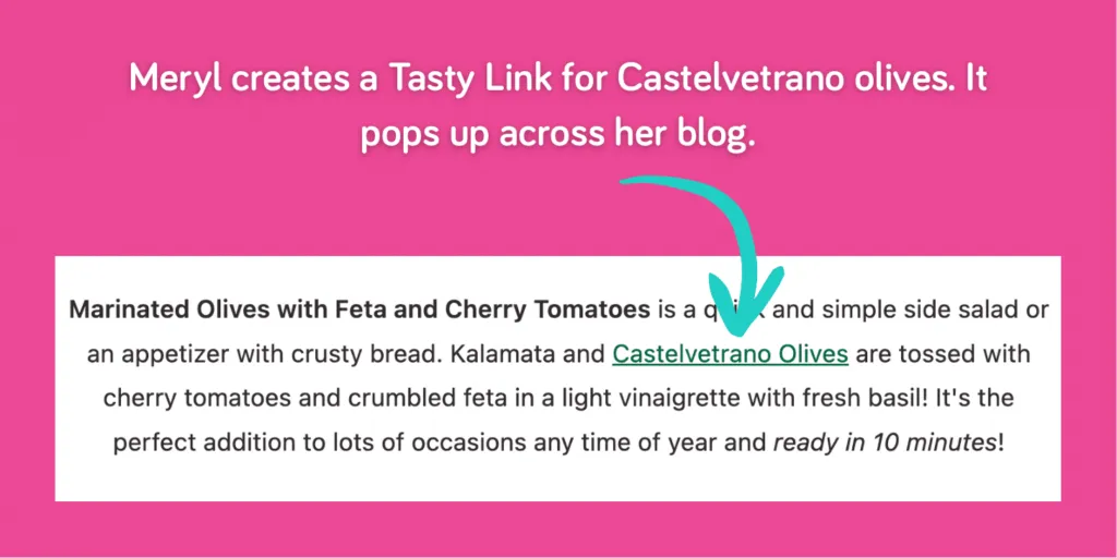 Blog recipe excerpt from Sungrown Kitchen with the keyword Castelvetrano Olives automatically linked using the Tasty Links WordPress internal link plugin.