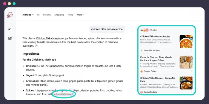 Google AI Mode results for "chicken tikka masala recipe." The left side shows an AI-generated response. The right side, outlined in teal, shows blog sources listing three contributing blogs with a title and food photo thumbnail. An oval teal circle is around the attribution chip.